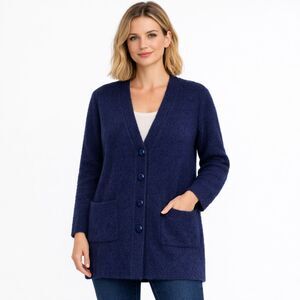 VTG Stizzoli Wool Long Cardigan Womens 18 Navy Boucle Knit Sweater Jacket Italy